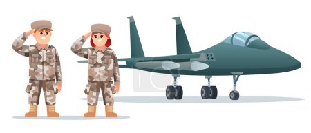 Téléchargez les illustrations : Personnages de soldat de l'armée mignon hommes et femmes avec avion à réaction militaire - en licence libre de droit