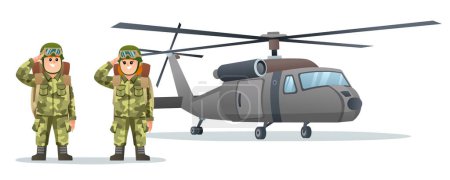 Illustration for Cute little boy and girl army soldier carrying backpack characters with military helicopter cartoon illustration - Royalty Free Image