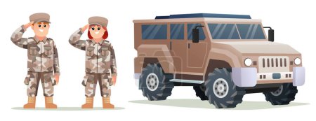 Illustration for Cute male and female army soldier characters with military vehicle cartoon illustration - Royalty Free Image