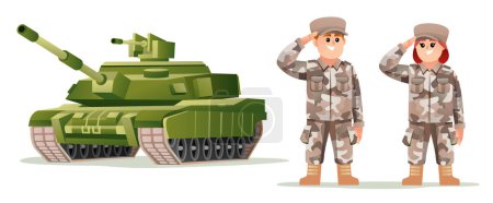 Ilustración de Lindo niño y niña ejército soldado personajes con ilustración de dibujos animados tanque - Imagen libre de derechos