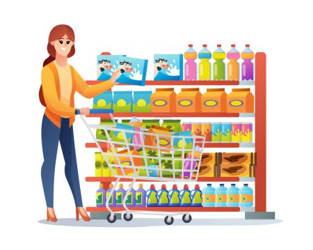 Illustration for Happy woman shopping at supermarket cartoon illustration - Royalty Free Image