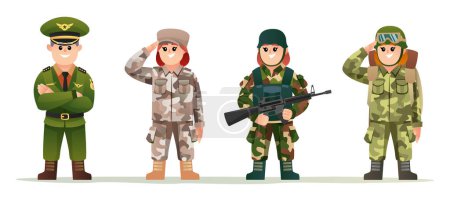 Lindo pequeño capitán del ejército con soldados femeninos en varios trajes de camuflaje conjunto de personajes