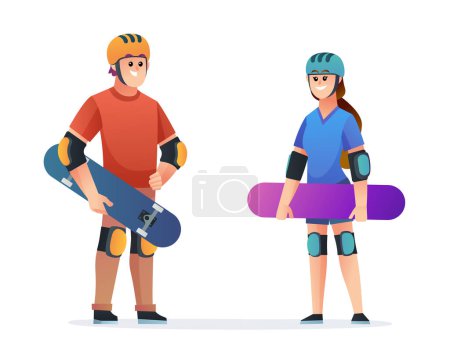 Téléchargez les illustrations : Jeu de caractères Jeune garçon et fille skateboarder - en licence libre de droit