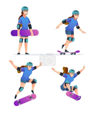 Ilustración de Conjunto de niña jugando monopatín en varias poses ilustración - Imagen libre de derechos