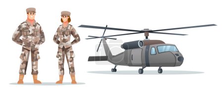 Ilustración de Hombres y mujeres soldado del ejército personajes con helicóptero militar - Imagen libre de derechos