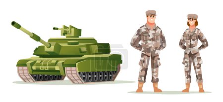 Téléchargez les illustrations : Homme et femme soldat de l'armée personnages avec réservoir militaire dessin animé illustration - en licence libre de droit