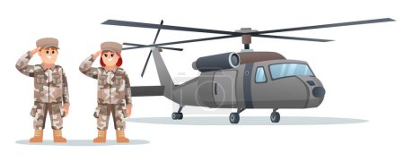 Ilustración de Lindos personajes soldados del ejército masculino y femenino con helicóptero militar - Imagen libre de derechos
