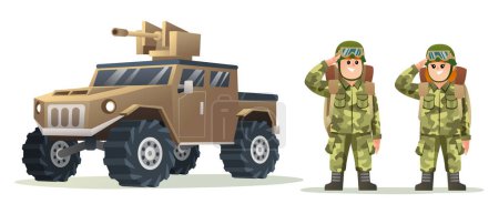 Illustration for Cute male and female army soldier carrying backpack characters with military vehicle cartoon illustration - Royalty Free Image