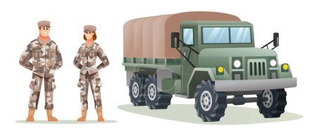 Ilustración de Hombres y mujeres soldado del ejército personajes con ilustración de dibujos animados camión militar - Imagen libre de derechos