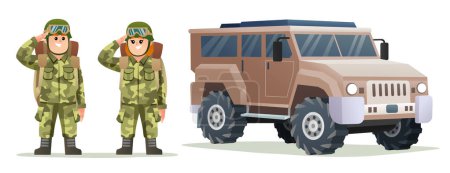Illustration for Cute boy and girl army soldier carrying backpack characters with military vehicle - Royalty Free Image