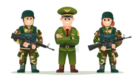 Ilustración de Lindo capitán del ejército con niños y niñas soldados sosteniendo armas de fuego juego de caracteres - Imagen libre de derechos