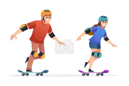 Illustration for Set of young boy and girl skateboarding cartoon illustration - Royalty Free Image