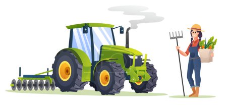 Téléchargez les illustrations : Agricultrice tenant des légumes biologiques et binette à fourche à côté du tracteur en style dessin animé. Illustration des agriculteurs de récolte - en licence libre de droit