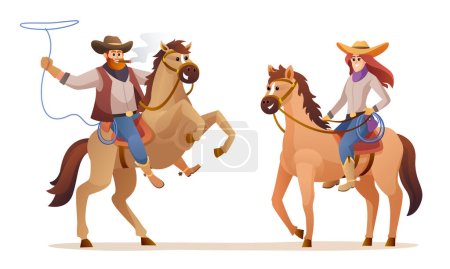 Illustration for Cowboy and cowgirl riding horse characters. Wildlife western concept illustration - Royalty Free Image