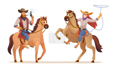 Téléchargez les illustrations : Faune western cow-boy et cow-girl équitation personnages illustration - en licence libre de droit