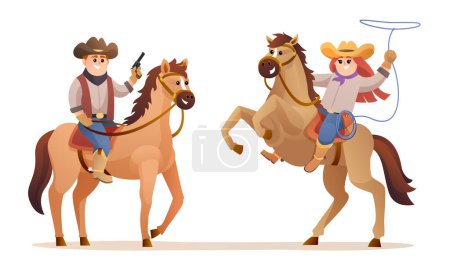 Téléchargez les illustrations : Mignon cow-boy et cow-girl à cheval personnages. Faune illustration de concept occidental - en licence libre de droit