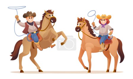 Téléchargez les illustrations : Faune ouest mignon cow-boy et cow-girl équitation cheval personnages illustration - en licence libre de droit