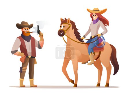 Illustration for Wildlife western cowboy holding gun and cowgirl riding horse characters illustration - Royalty Free Image