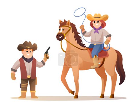 Téléchargez les illustrations : Mignon cow-boy tenant pistolet et cow-girl tenant la corde de lasso tout en chevauchant des personnages de cheval. Faune illustration de concept occidental - en licence libre de droit