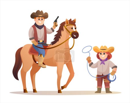 Ilustración de Lindo vaquero sosteniendo arma mientras monta a caballo y vaquera sosteniendo personajes de cuerda de lazo. Vida silvestre concepto occidental ilustración - Imagen libre de derechos