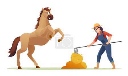 Téléchargez les illustrations : Femme agriculteur nourrir cheval avec illustration de dessin animé de foin - en licence libre de droit