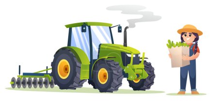 Ilustración de Linda chica agricultor sosteniendo verduras orgánicas al lado del tractor en estilo de dibujos animados. Ilustración agricultor cosecha - Imagen libre de derechos