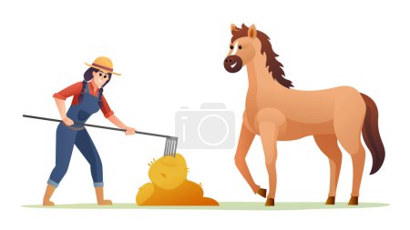 Téléchargez les illustrations : Agriculteur femelle nourrir cheval avec foin illustration - en licence libre de droit
