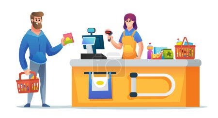 Téléchargez les illustrations : Caissier et client avec panier d'épicerie au supermarché illustration de concept de comptoir de caisse - en licence libre de droit