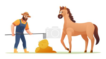 Téléchargez les illustrations : Farmer nourrir cheval avec illustration de foin - en licence libre de droit