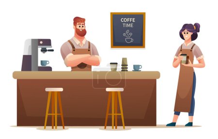 Illustration for Male and female baristas working at coffee shop illustration - Royalty Free Image