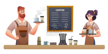 Male and female baristas carrying coffee at coffee shop illustration