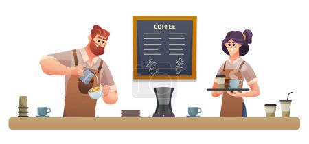 Illustration for Male barista making coffee and the female barista carrying coffee illustration - Royalty Free Image