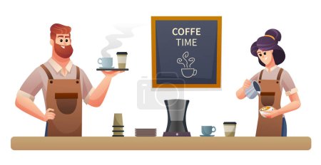 Male barista carrying coffee and the female barista making coffee illustration