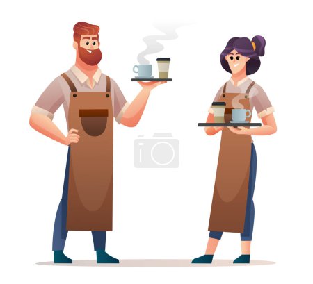 Male and female barista characters carrying coffee