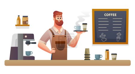 Téléchargez les illustrations : Barista portant du café avec plateau au comptoir du café illustration - en licence libre de droit