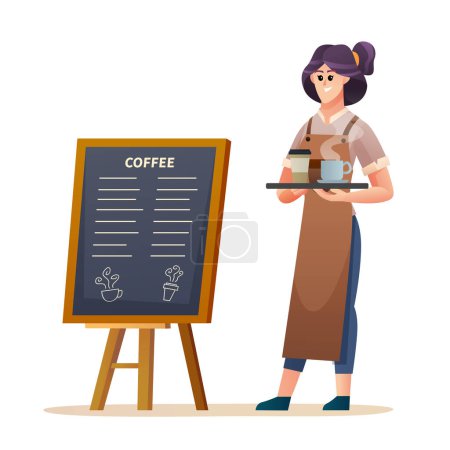 Female barista standing near menu board while carrying coffee illustration