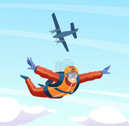 Paracaidista salta desde el avión y paracaidismo en el cielo ilustración