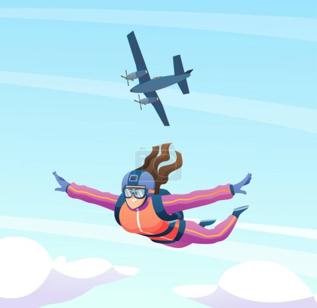 Ilustración de Mujer paracaidista salta desde el avión y paracaidismo en el cielo ilustración - Imagen libre de derechos