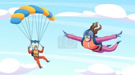 Ilustración de Gente paracaidismo y paracaidismo en el cielo ilustración de dibujos animados - Imagen libre de derechos