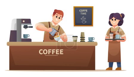 Illustration for Cute male barista making coffee and the female barista carrying coffee at coffee shop illustration - Royalty Free Image