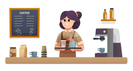 Illustration for Cute female barista carrying coffee with tray at coffee shop counter illustration - Royalty Free Image