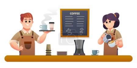 Illustration for Cute male barista carrying coffee and the female barista making coffee illustration - Royalty Free Image