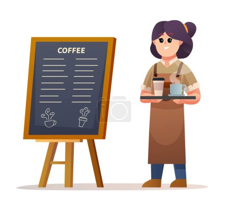 Illustration for Cute female barista standing near menu board while carrying coffee illustration - Royalty Free Image
