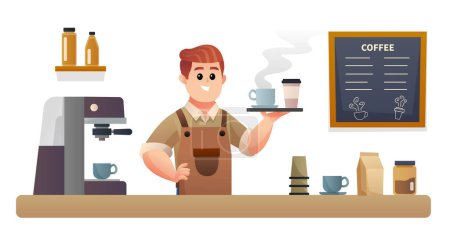 Cute barista carrying coffee with tray at coffee shop counter illustration