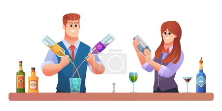 Téléchargez les illustrations : Homme et femme barman personnages mélange boissons concept illustration - en licence libre de droit