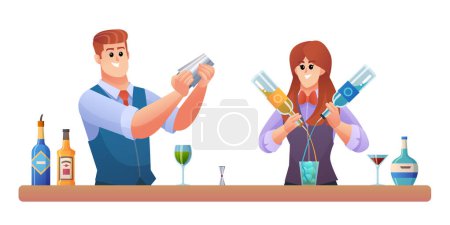 Illustration for Man and woman bartender characters mixing drinks concept illustration - Royalty Free Image