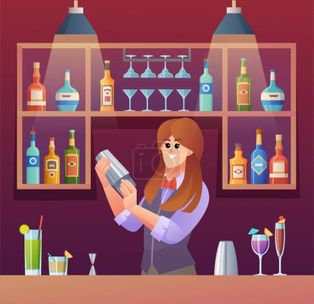 Illustration for Female bartender mixing drinks at bar counter cartoon illustration - Royalty Free Image