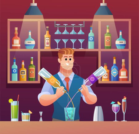 Illustration for Bartender mixing drinks at bar counter cartoon illustration - Royalty Free Image