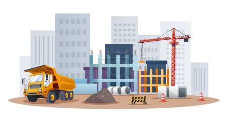 Téléchargez les illustrations : Concept de chantier avec illustration de camion et d'équipement matériel - en licence libre de droit