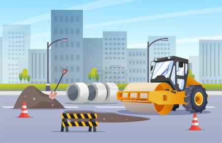 Téléchargez les illustrations : Compacteur à vapeur asphaltage construction de routes dans l'illustration de la ville urbaine - en licence libre de droit